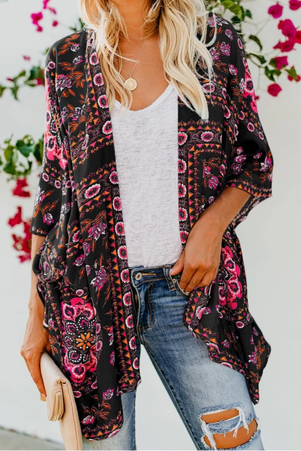 Black Floral Printed Open Front Cover Up Dress